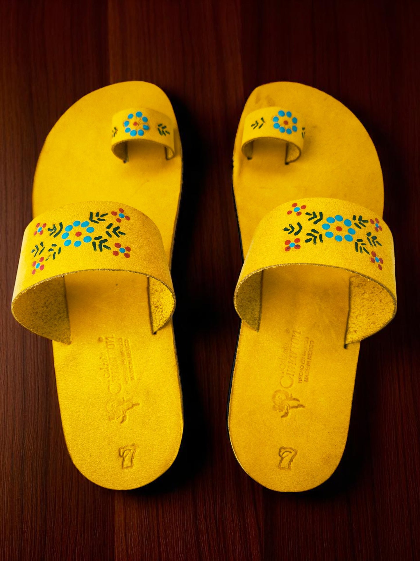 yellow color soft leather handmade toe-ring sandals with durable lightweight outsoles and hand-painted floral pattern (Copy)