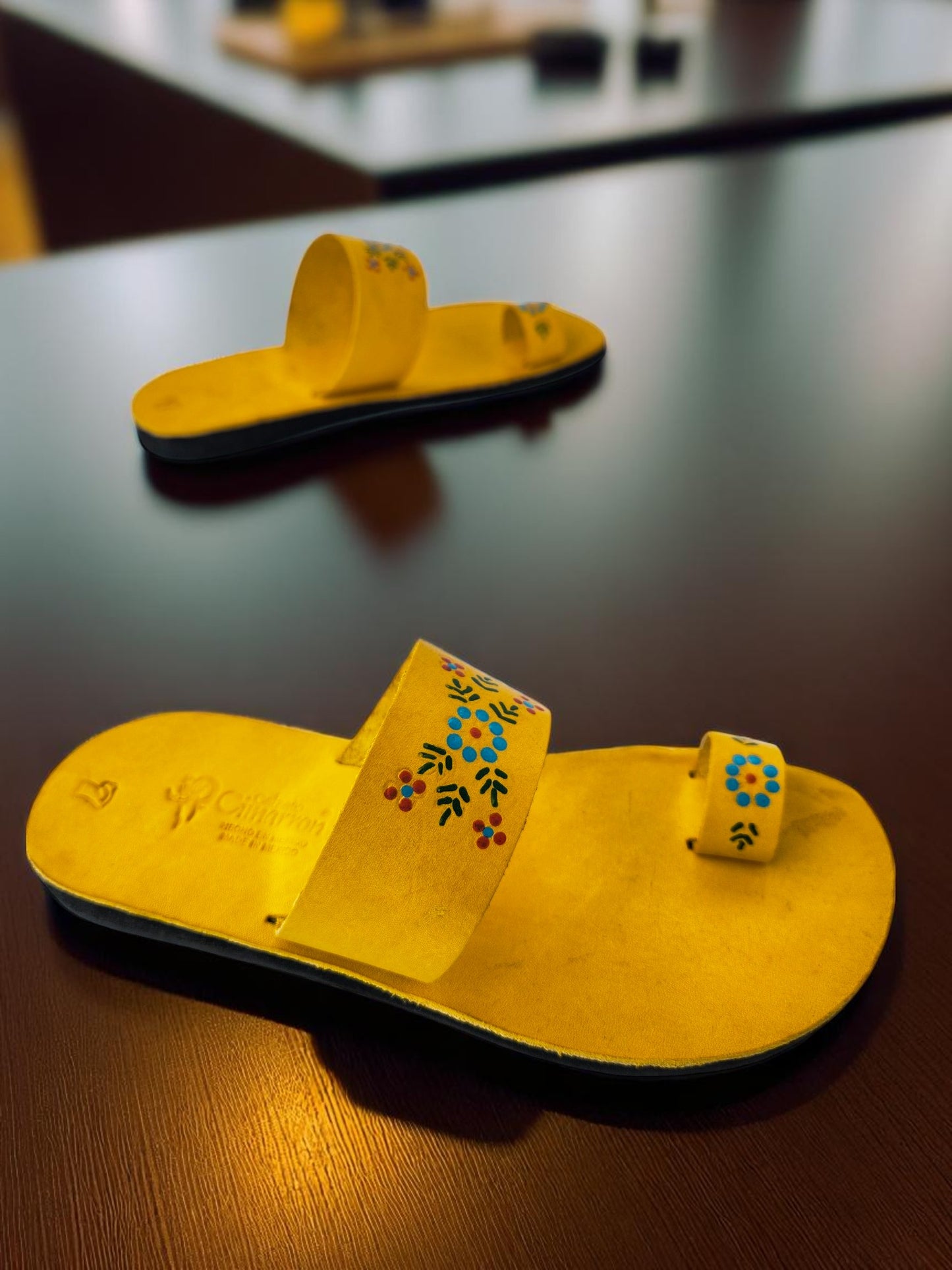 yellow color soft leather handmade toe-ring sandals with durable lightweight outsoles and hand-painted floral pattern (Copy)