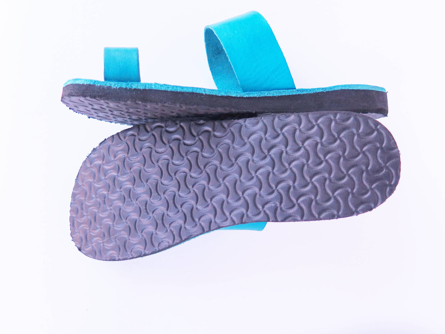 Teal turquoise color soft leather handmade toe-ring sandals with durable lightweight outsoles and hand-painted floral pattern