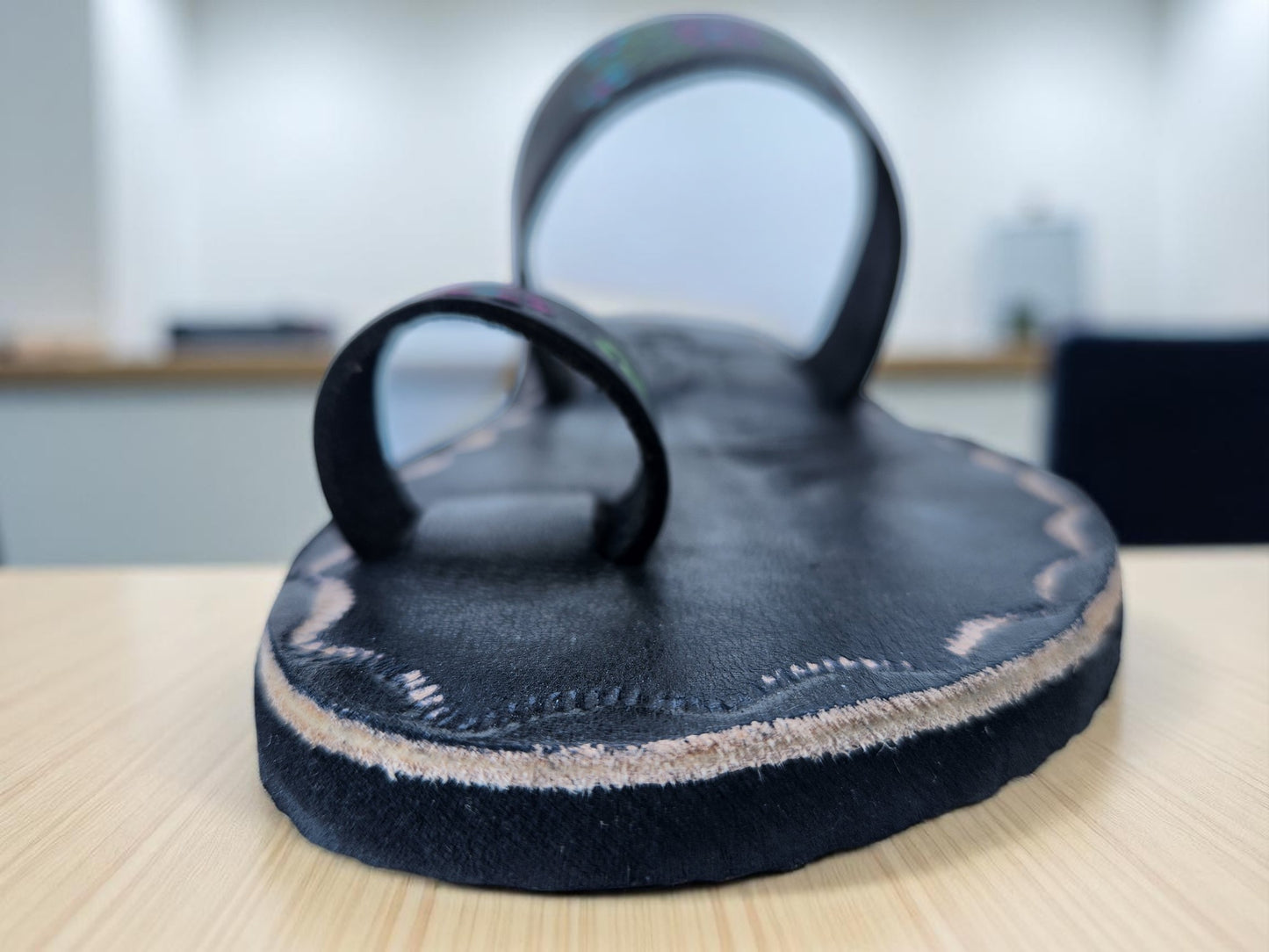 BLack soft leather handmade toe-ring sandals with  durable lightweight outsoles and hand-painted floral pattern