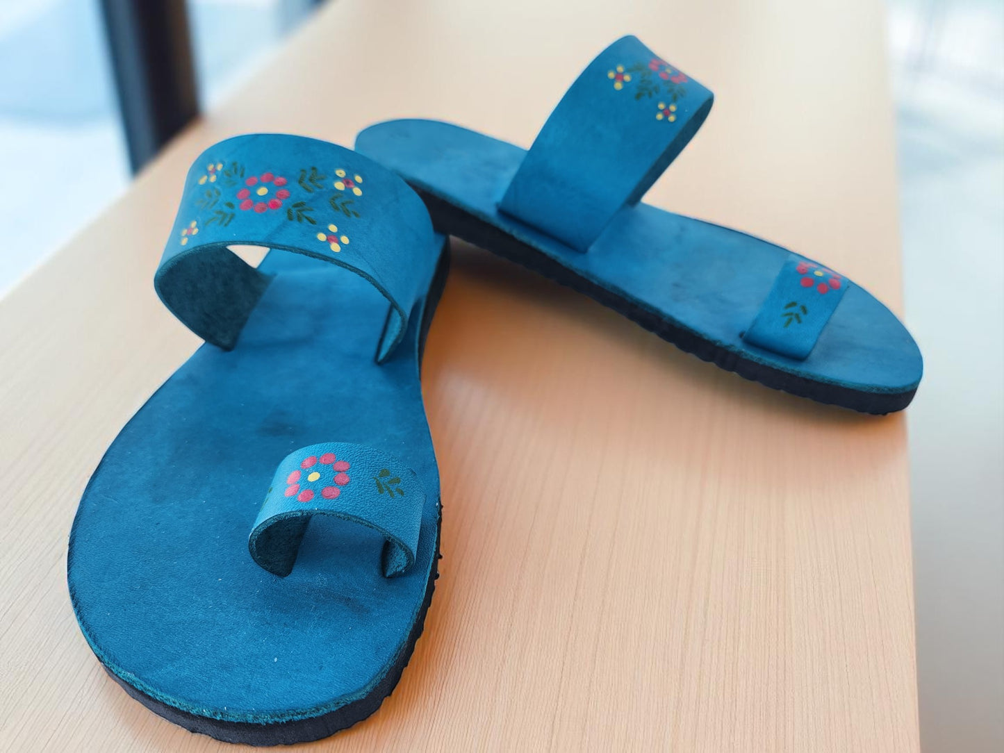 Teal turquoise color soft leather handmade toe-ring sandals with  durable lightweight outsoles and hand-painted floral pattern (