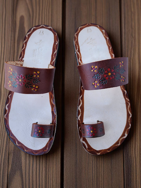 Brown and beige soft leather handmade toe-ring sandals with  durable lightweight outsoles and hand-painted floral pattern