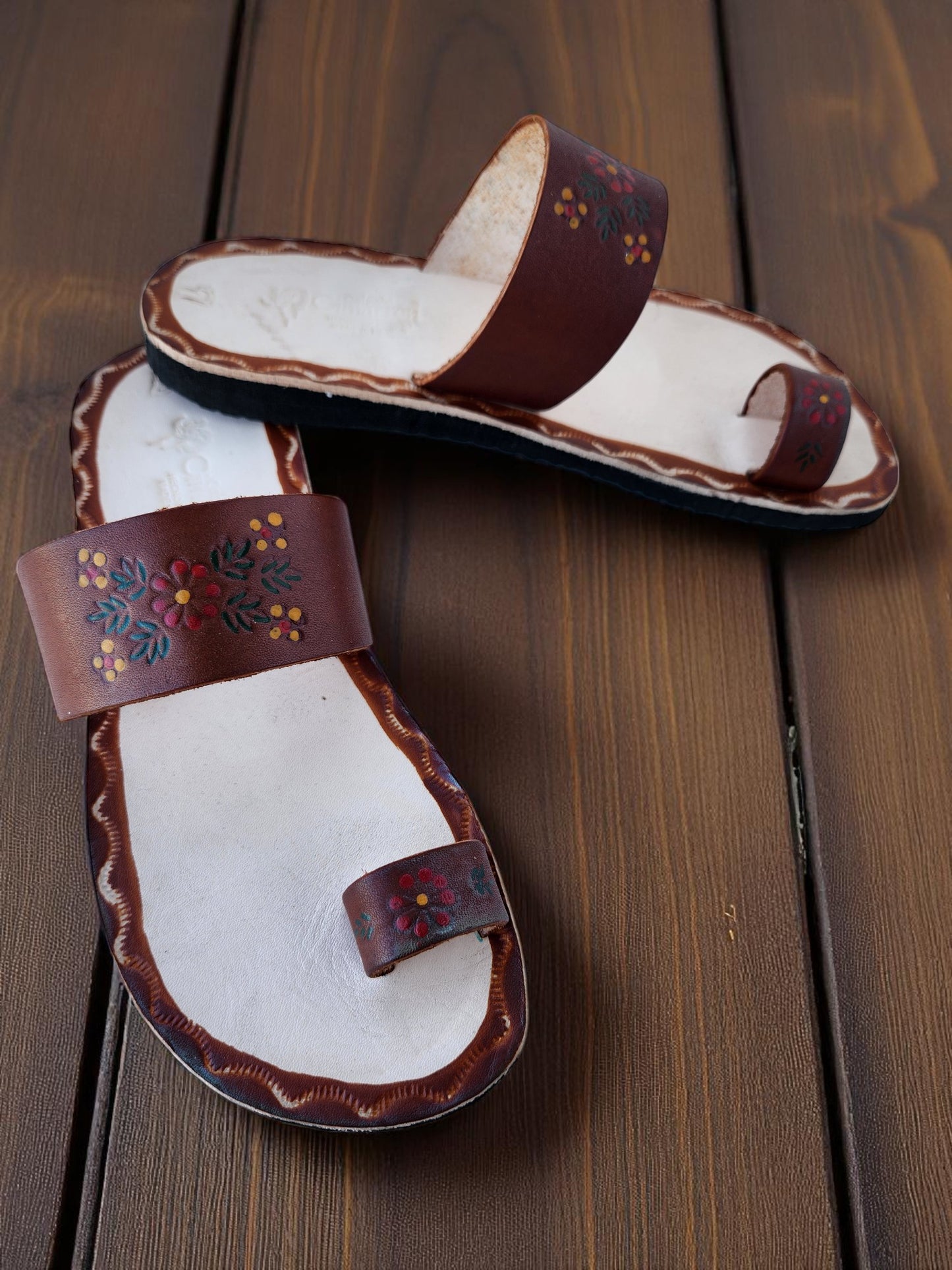 Brown and beige soft leather handmade toe-ring sandals with  durable lightweight outsoles and hand-painted floral pattern