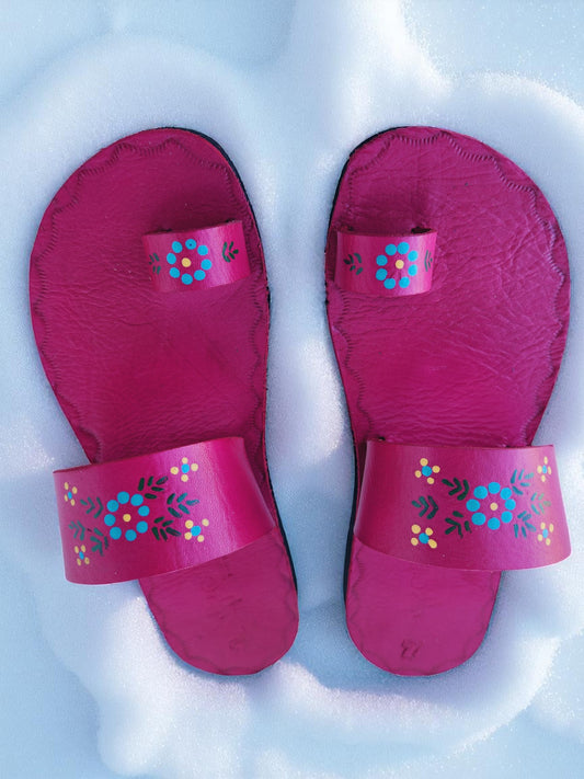 Pink soft leather handmade toe-ring sandals with  durable lightweight outsoles and hand-painted floral pattern