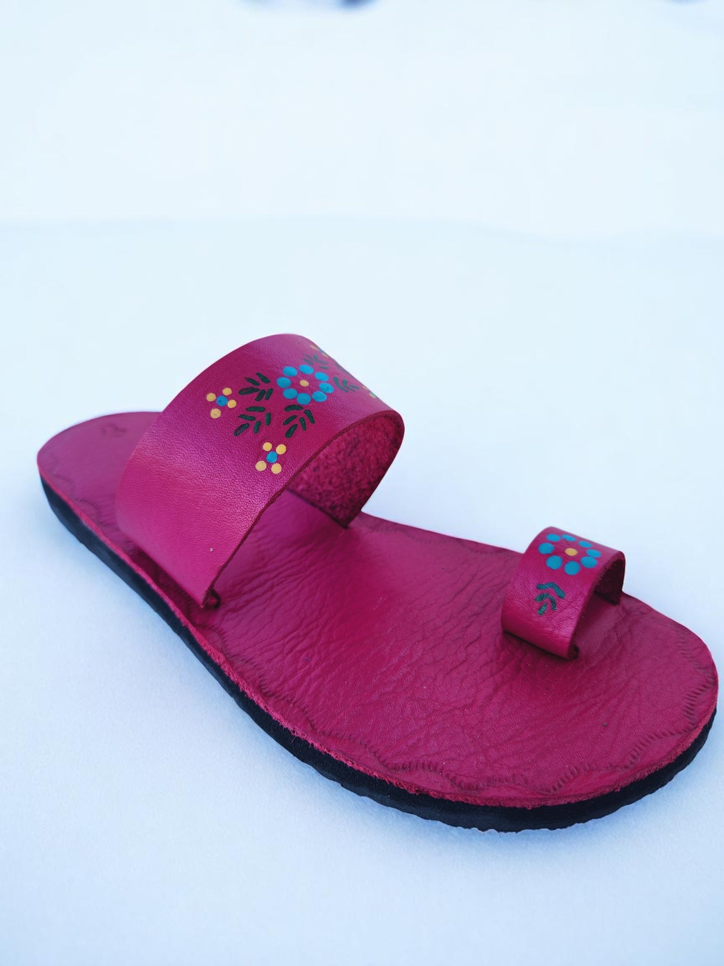 Pink soft leather handmade toe-ring sandals with  durable lightweight outsoles and hand-painted floral pattern
