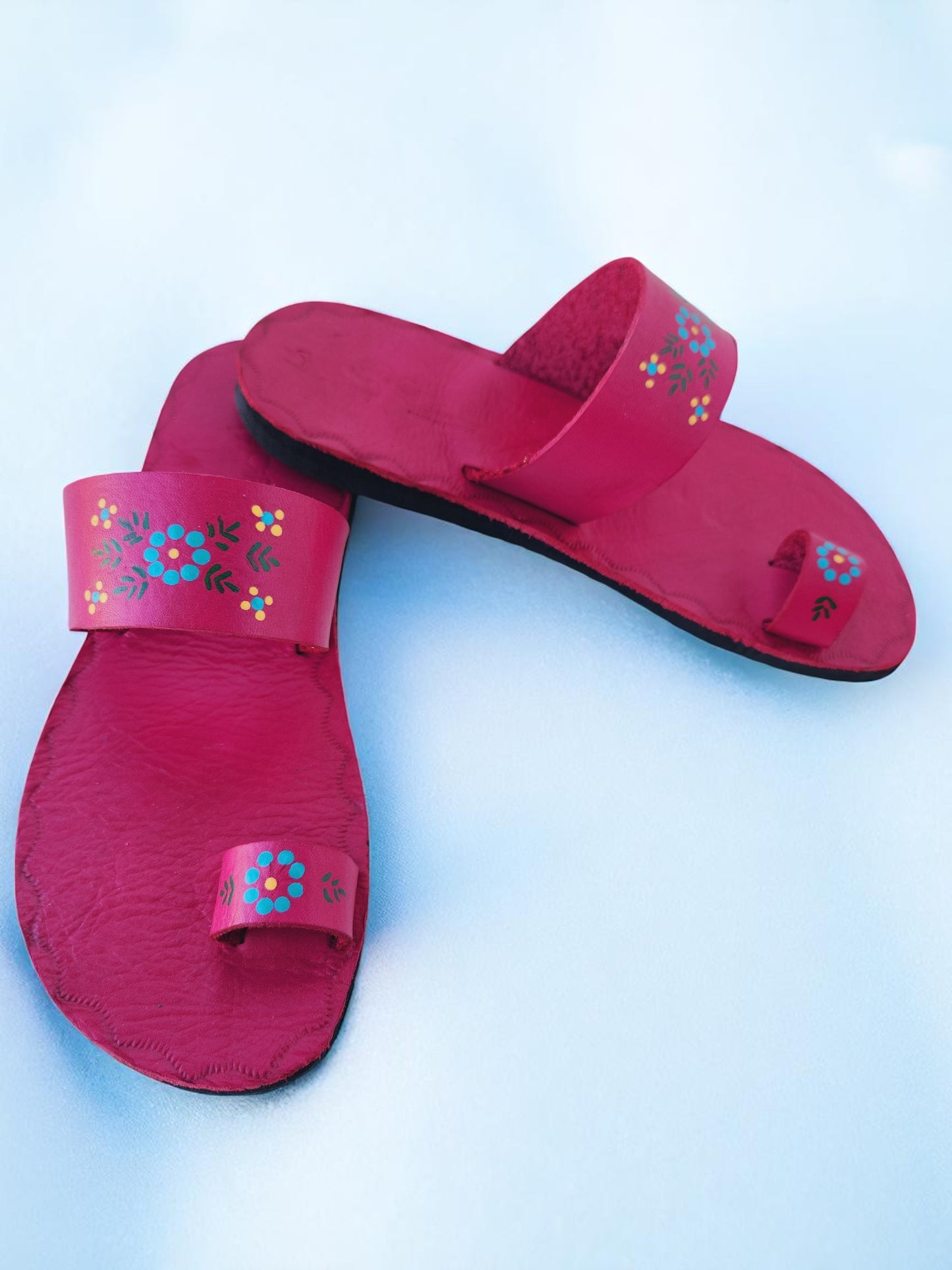 Pink soft leather handmade toe-ring sandals with  durable lightweight outsoles and hand-painted floral pattern