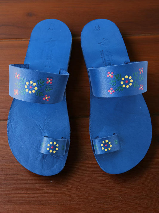 BLue soft leather handmade toe-ring sandals with  durable lightweight outsoles and hand-painted floral pattern