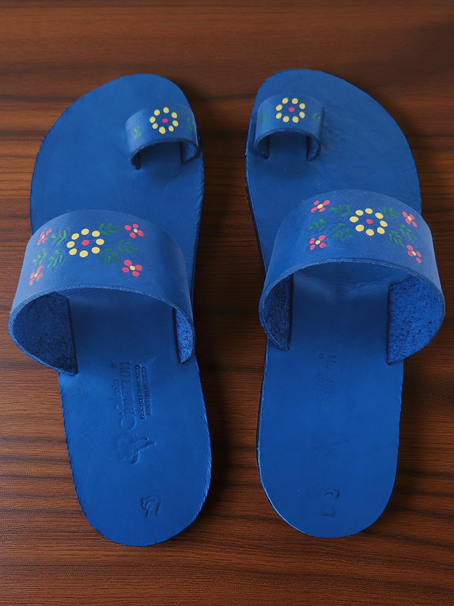 BLue soft leather handmade toe-ring sandals with  durable lightweight outsoles and hand-painted floral pattern
