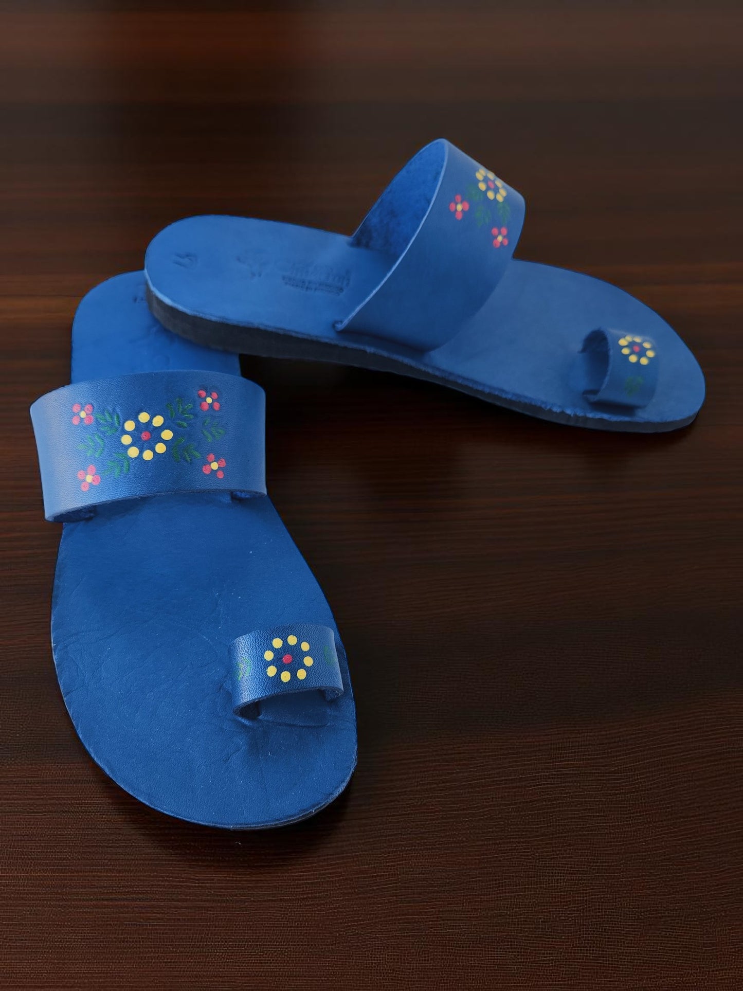 BLue soft leather handmade toe-ring sandals with  durable lightweight outsoles and hand-painted floral pattern