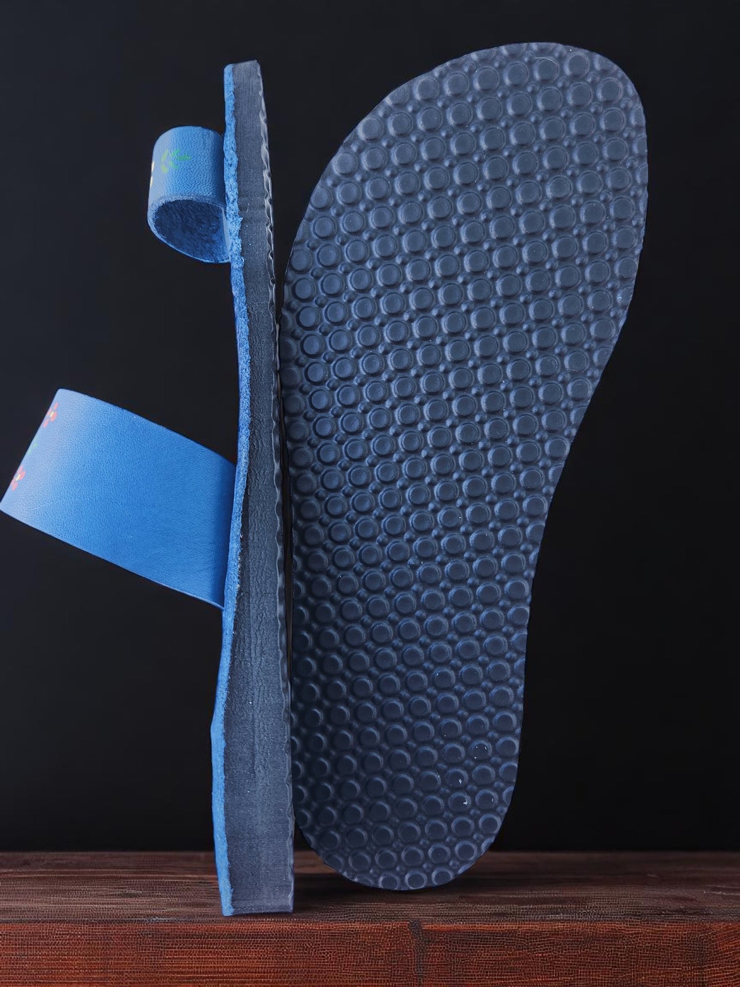 BLue soft leather handmade toe-ring sandals with  durable lightweight outsoles and hand-painted floral pattern