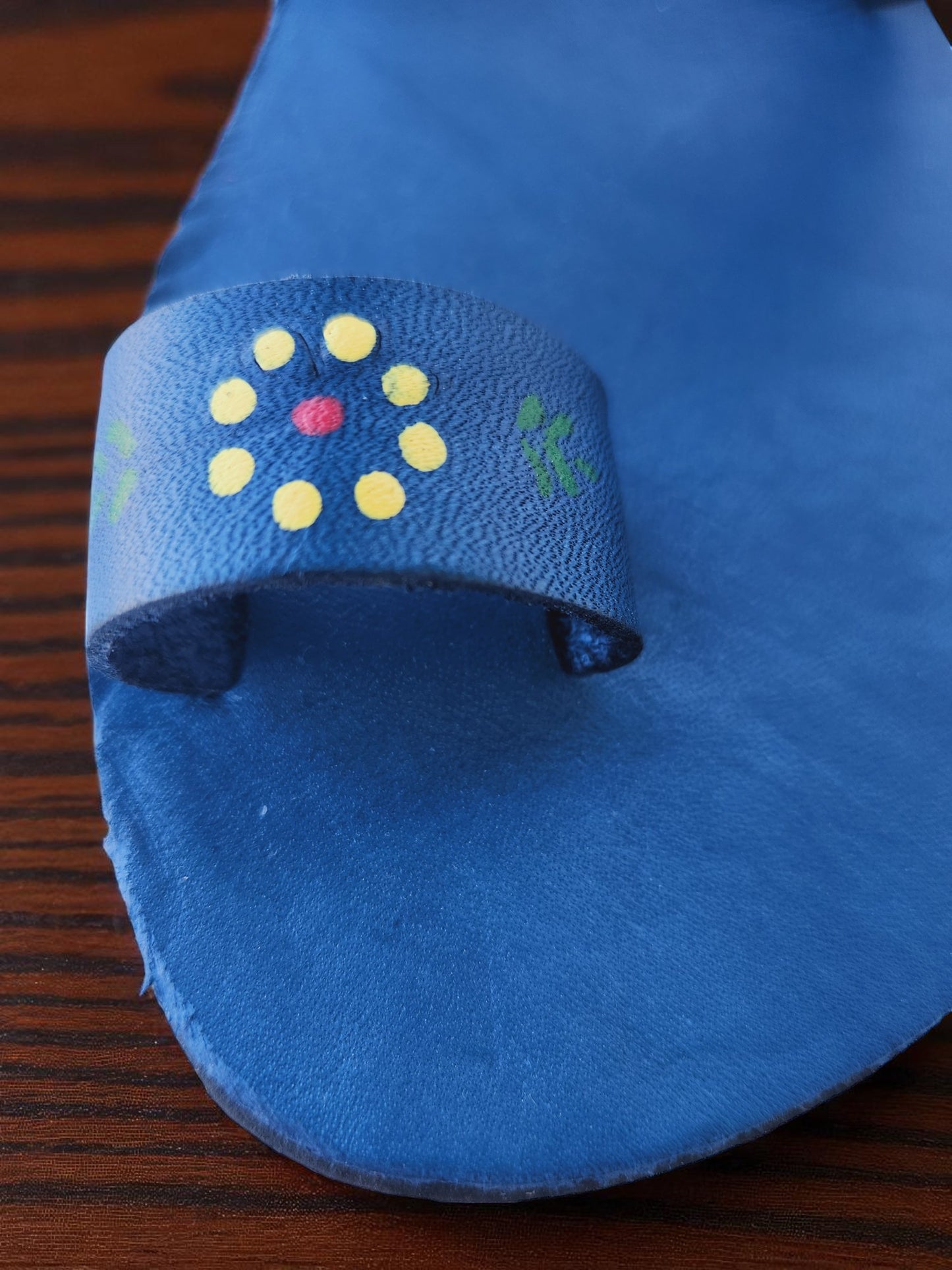 BLue soft leather handmade toe-ring sandals with  durable lightweight outsoles and hand-painted floral pattern