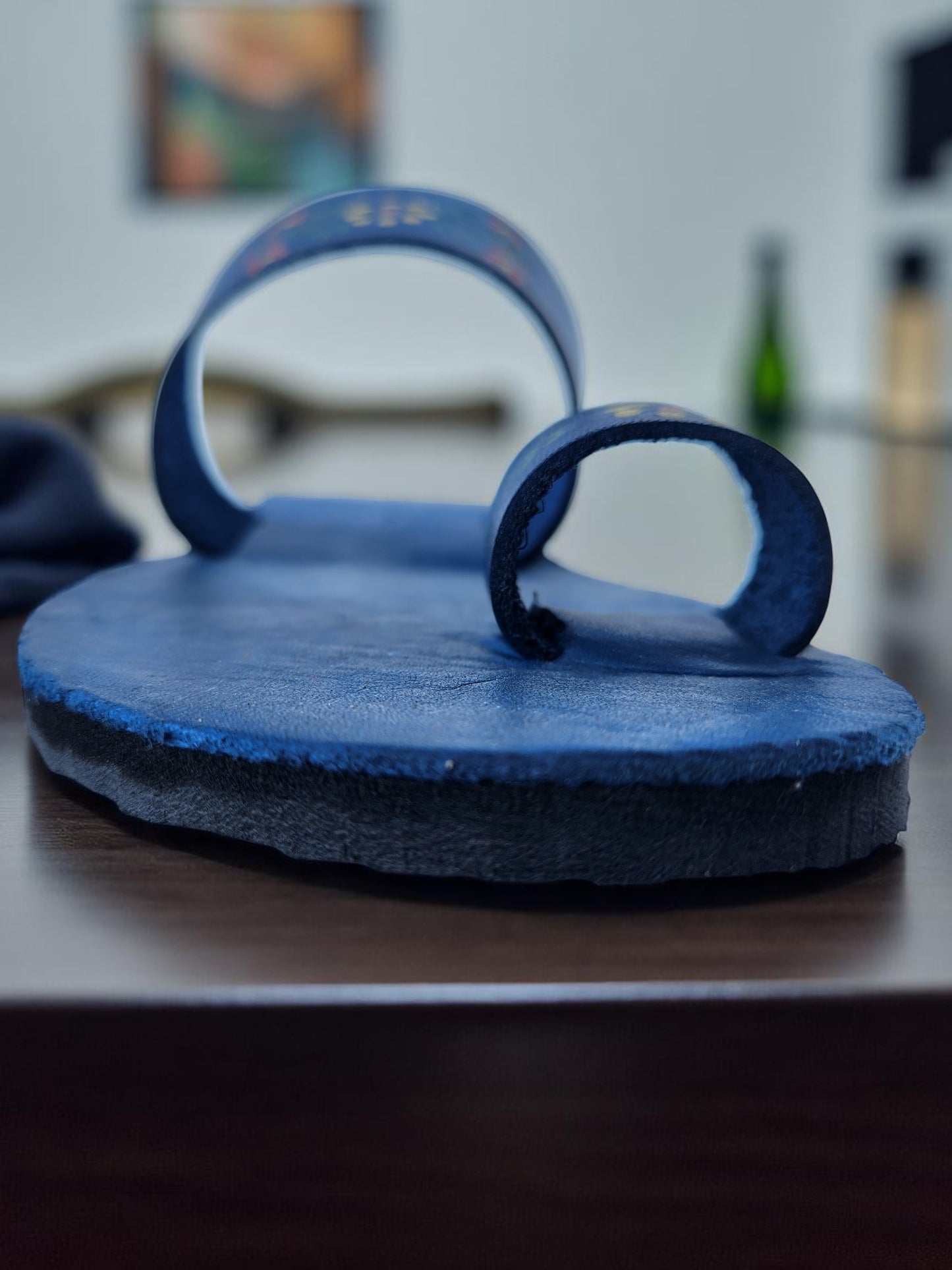 BLue soft leather handmade toe-ring sandals with  durable lightweight outsoles and hand-painted floral pattern