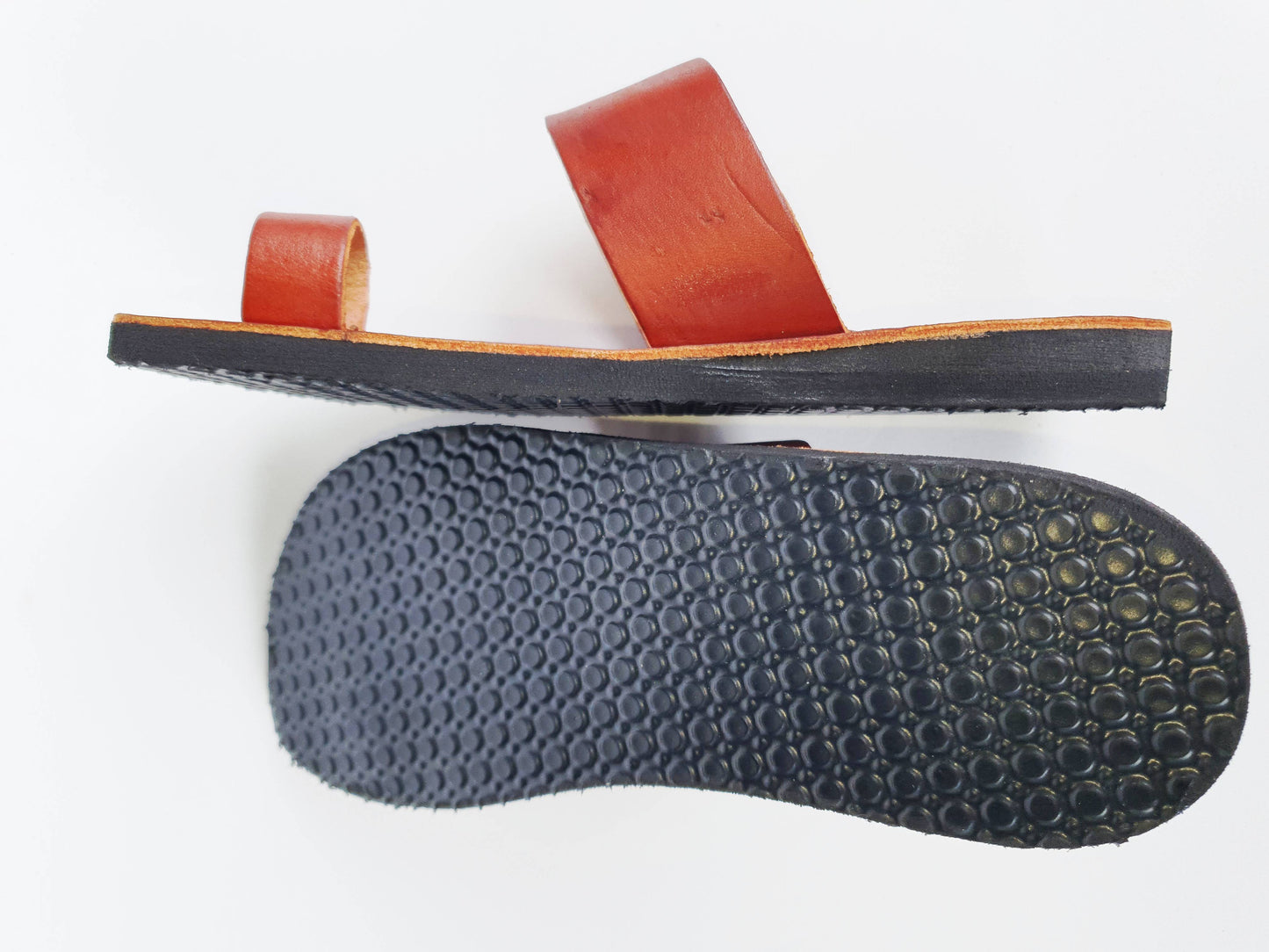 Brown soft leather handmade toe-ring sandals with  durable lightweight outsoles and hand-painted floral pattern