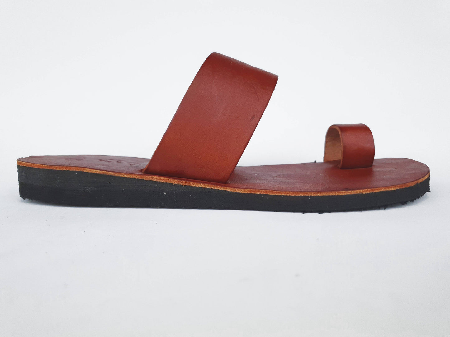 Brown soft leather handmade toe-ring sandals with  durable lightweight outsoles and hand-painted floral pattern