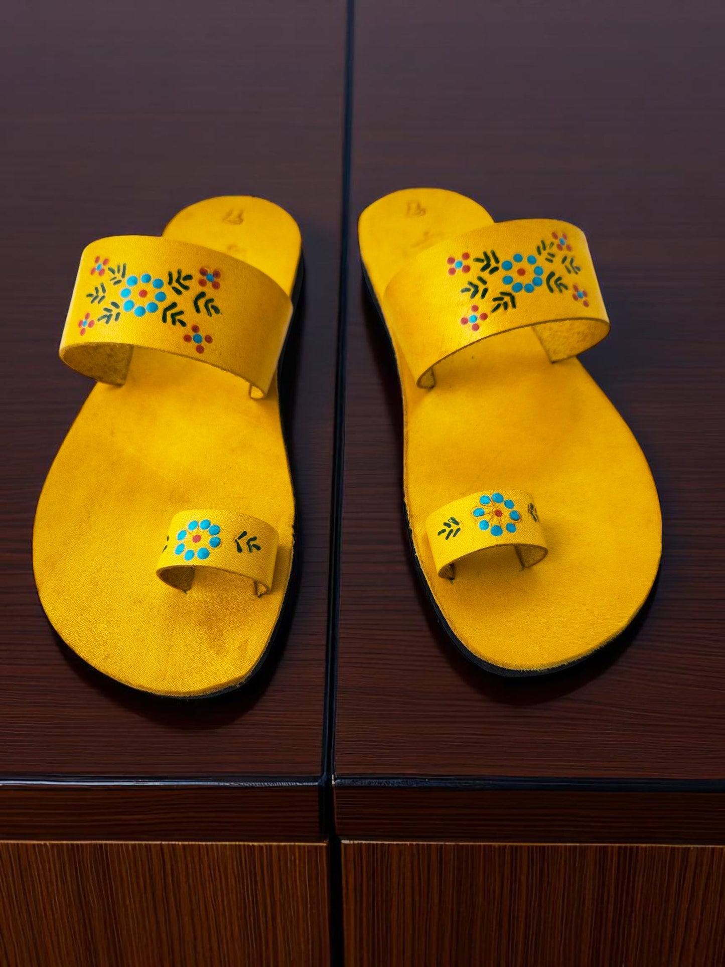 yellow color soft leather handmade toe-ring sandals with  durable lightweight outsoles and hand-painted floral pattern (Copy)