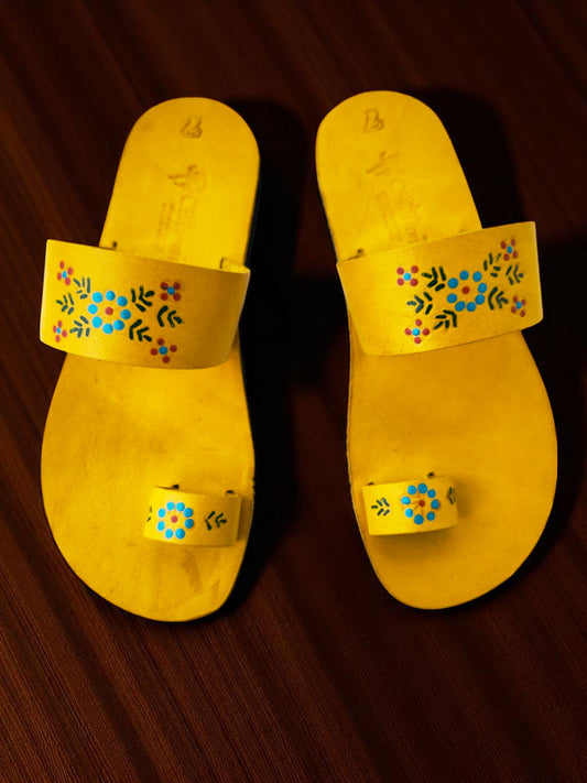 yellow color soft leather handmade toe-ring sandals with  durable lightweight outsoles and hand-painted floral pattern