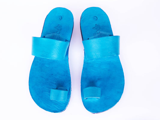 Teal turquoise color soft leather handmade toe-ring sandals with  durable lightweight outsoles and hand-painted floral pattern