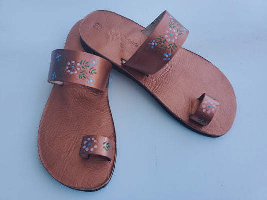 Copper color soft leather handmade toe-ring sandals with  durable lightweight outsoles and hand-painted floral pattern